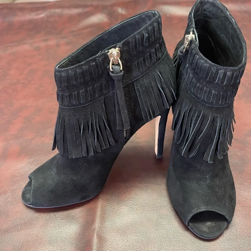 Rebecca Minkoff‎ black suede fringe heels, size 6 1/2